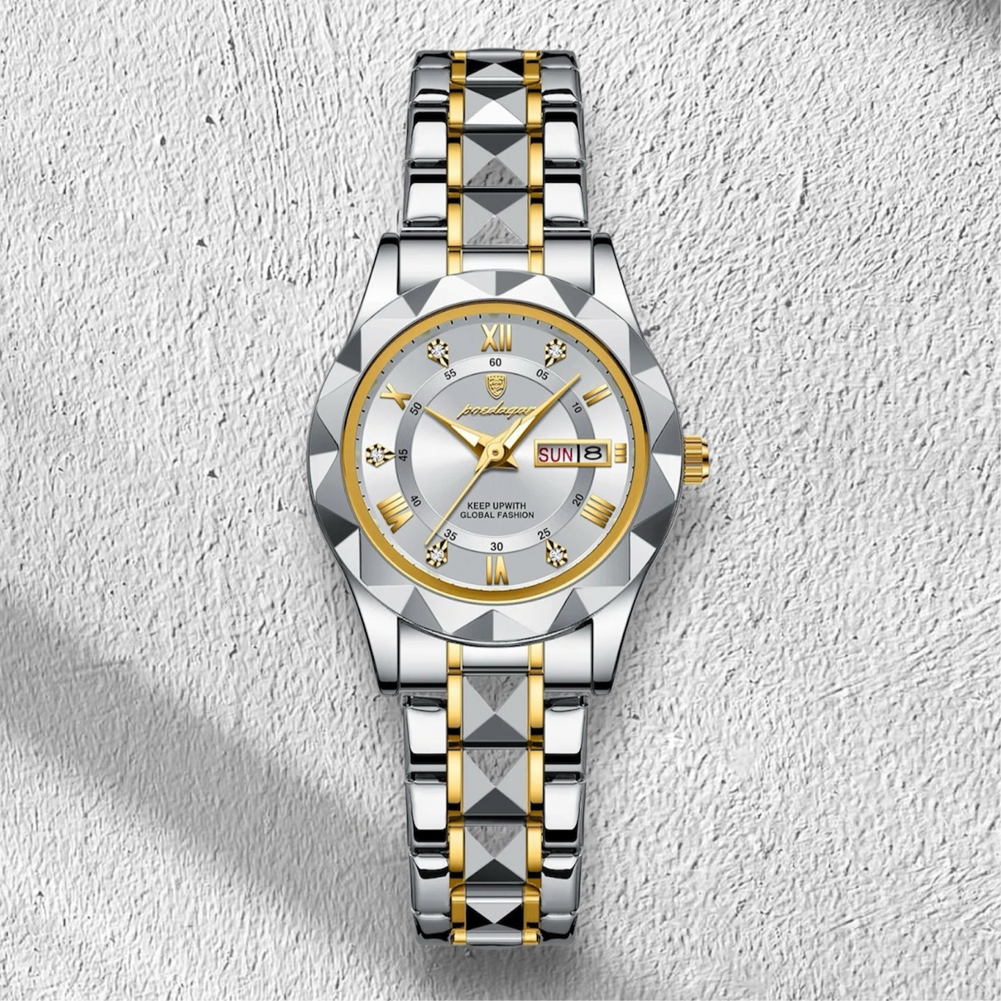 “Elegant waterproof women’s watch with luminous, week, date, stainless steel.”