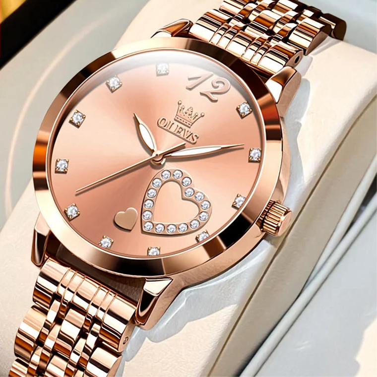 “Love Diamond Inlaid Steel Band Women’s Quartz Watch Elegant Fashion Timepiece.”