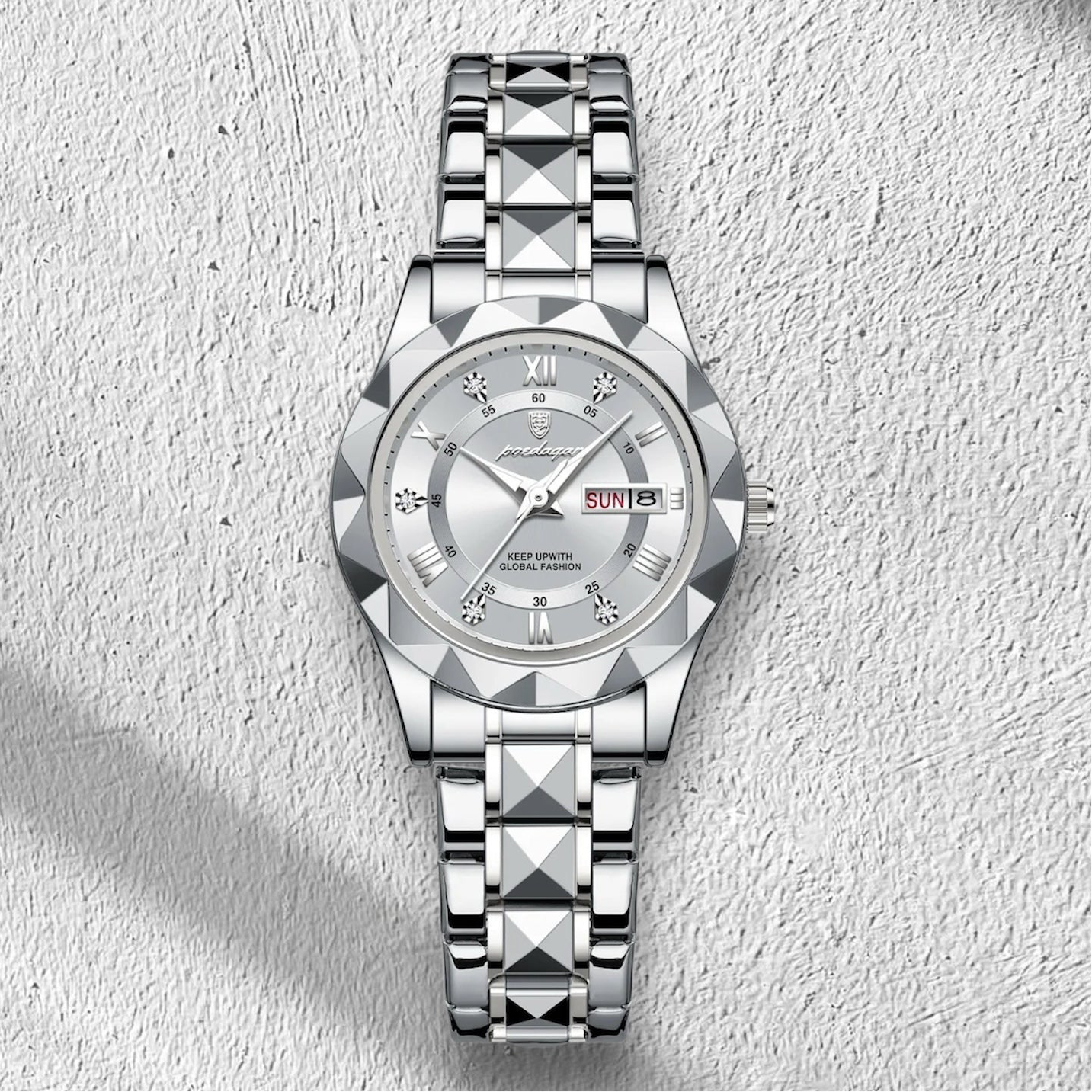 “Elegant waterproof women’s watch with luminous, week, date, stainless steel.”