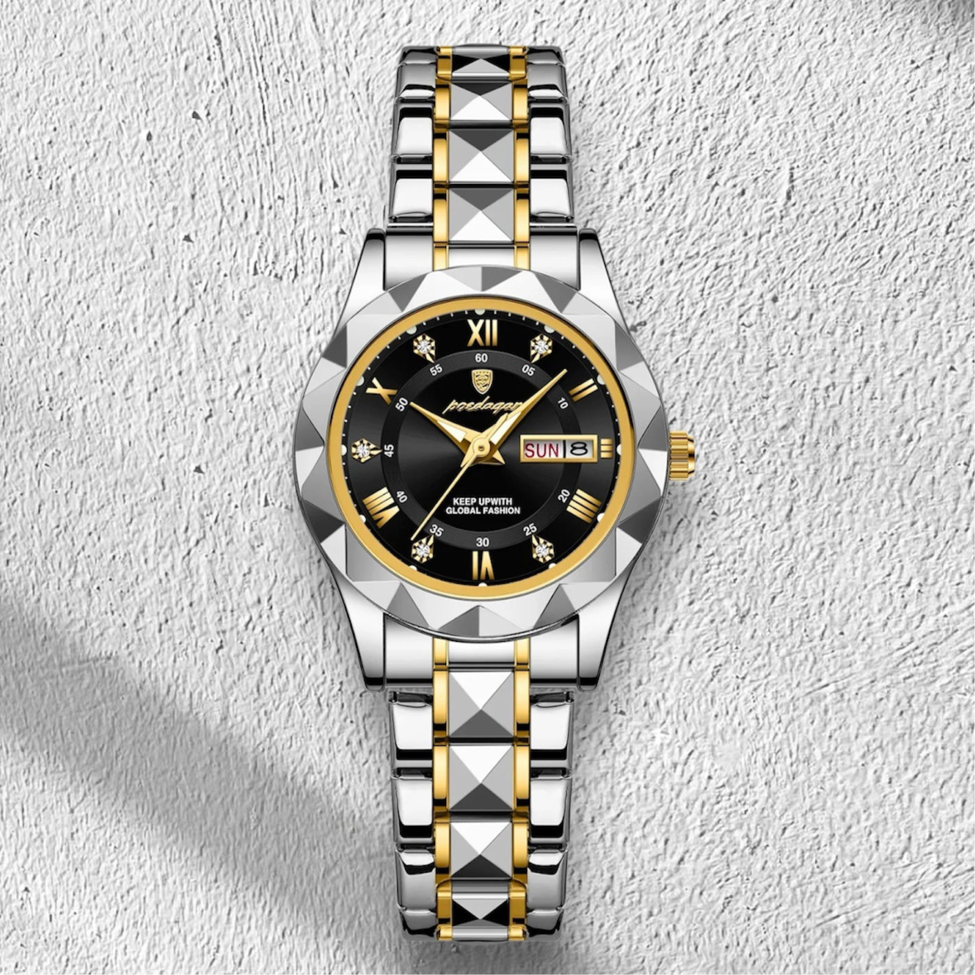 “Elegant waterproof women’s watch with luminous, week, date, stainless steel.”