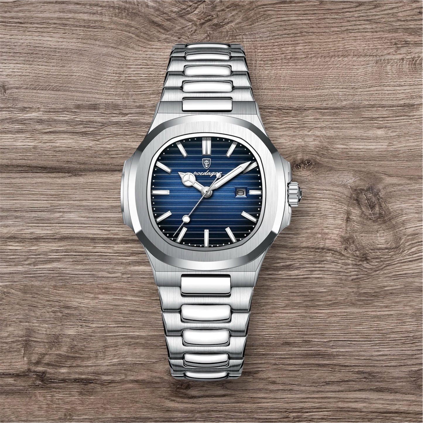 “Luxury waterproof square women’s watch with luminous date, stainless steel, quartz movement.”