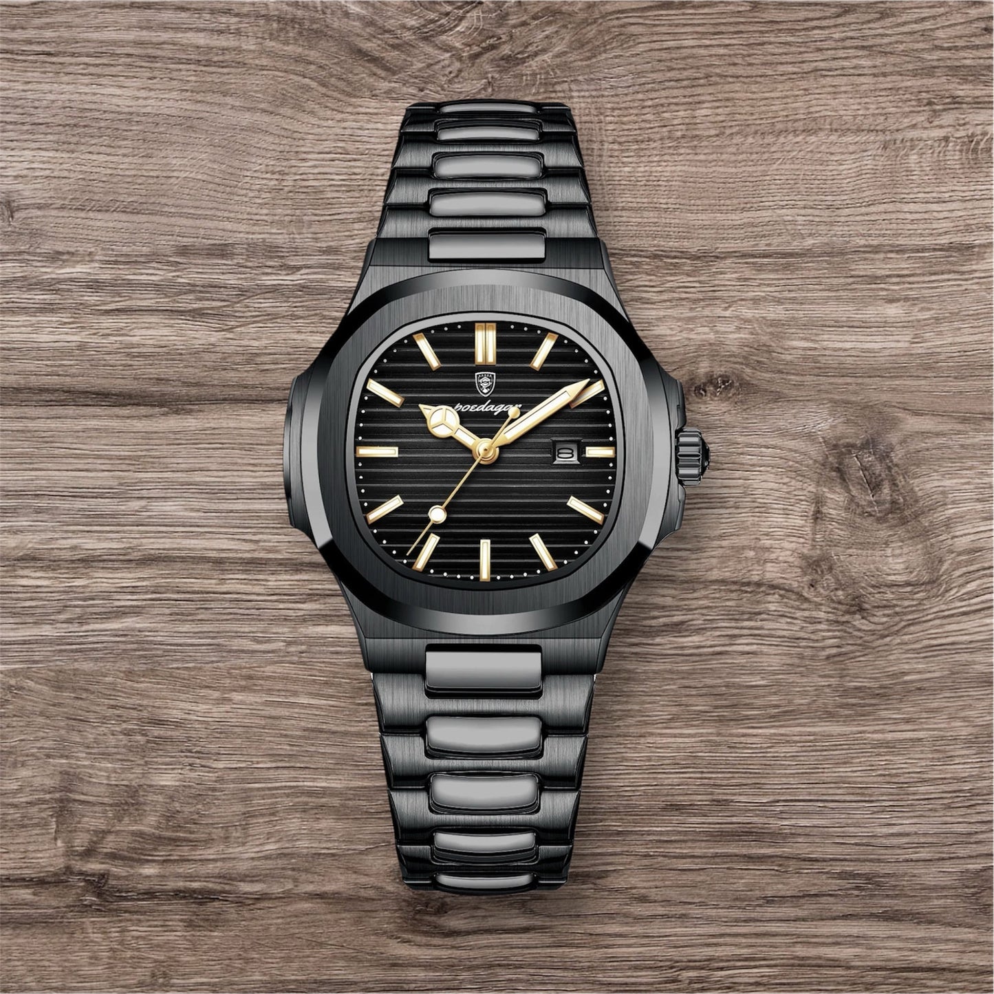 “Luxury waterproof square women’s watch with luminous date, stainless steel, quartz movement.”