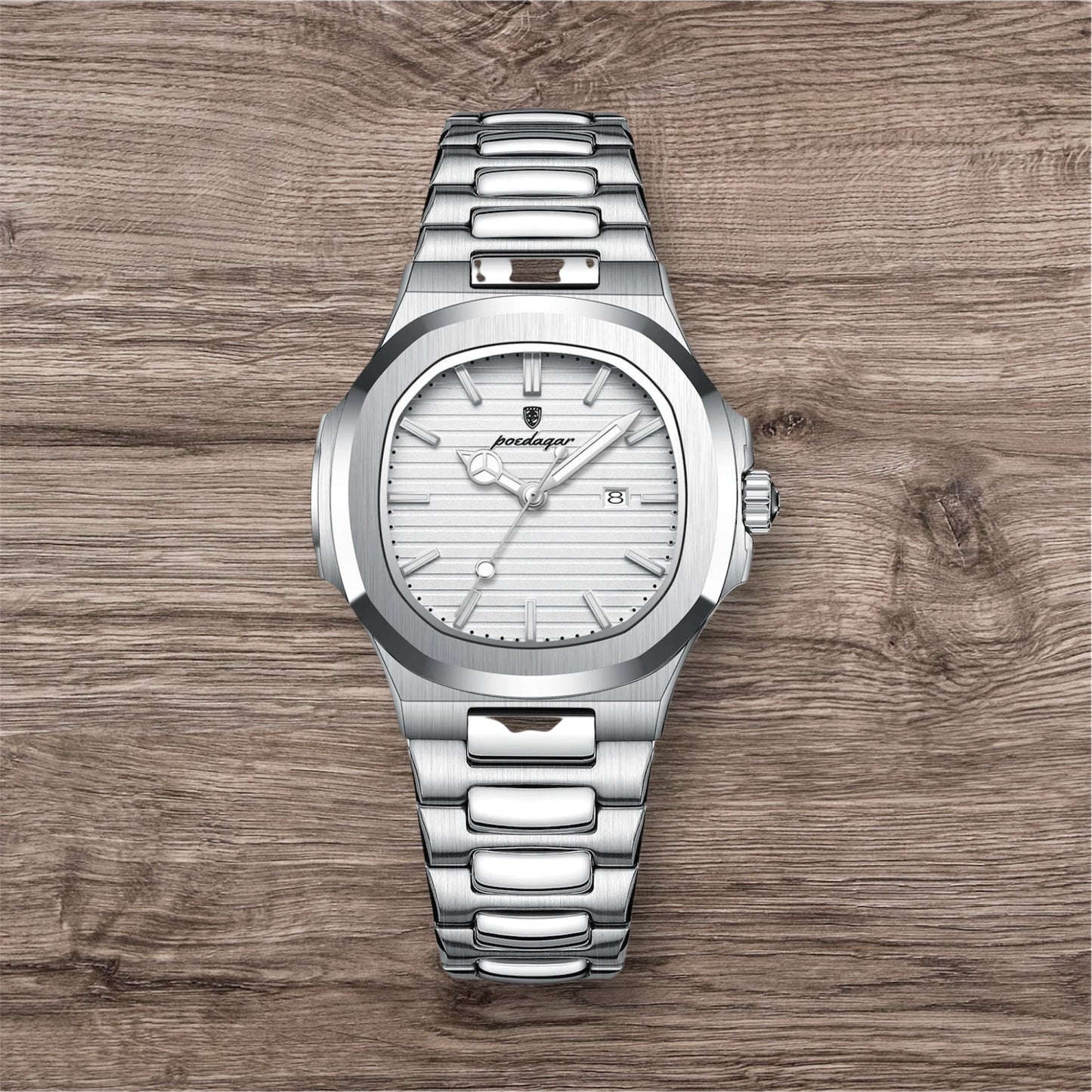 “Luxury waterproof square women’s watch with luminous date, stainless steel, quartz movement.”