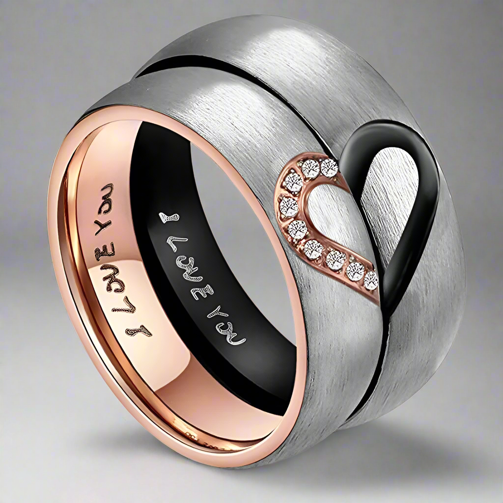 “Rose Gold Black Heart Couple Rings Stainless Steel Love Promise Rings for Couples.”