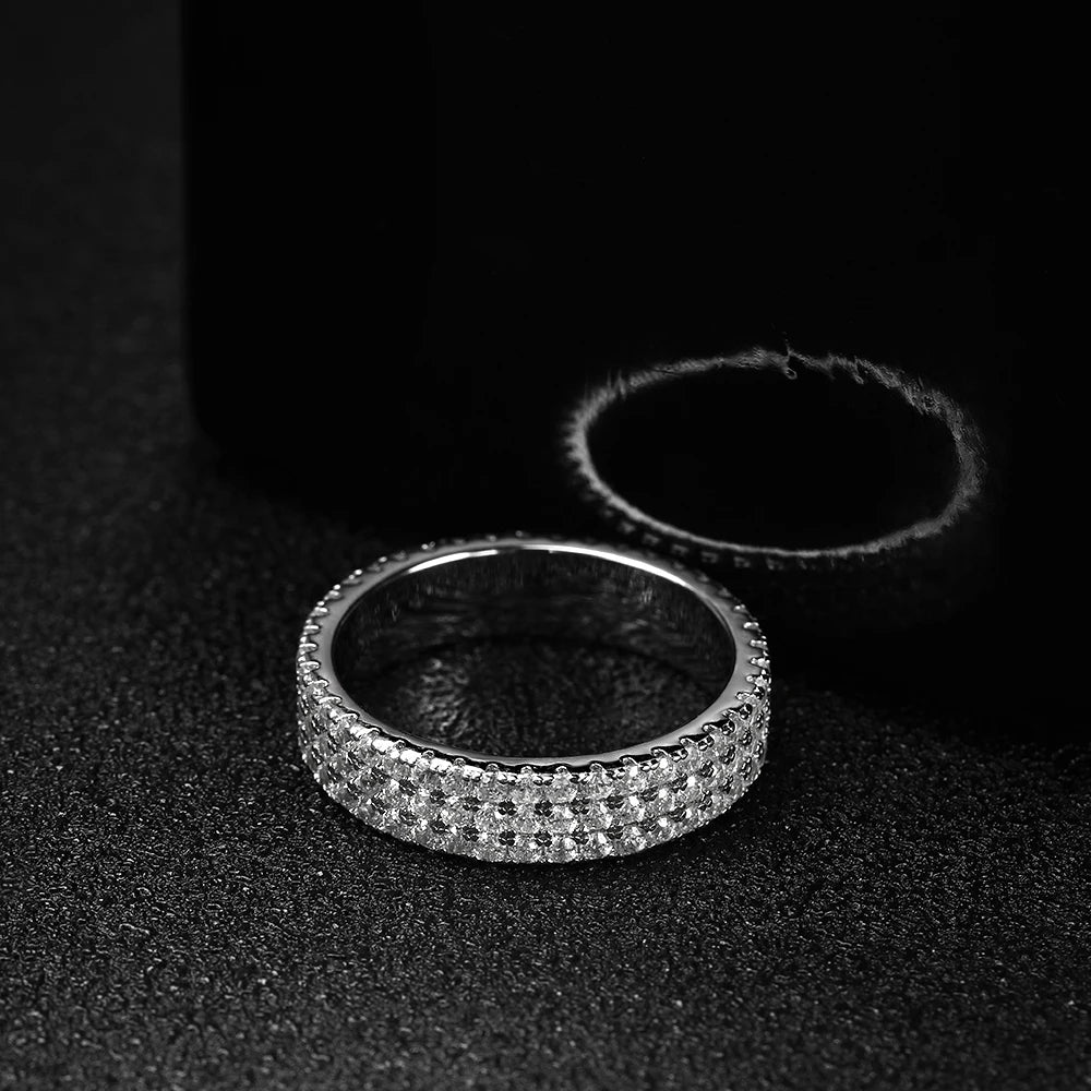 "Full moissanite eternity band, 925 sterling silver, 18K plated, unisex sparkling ring."