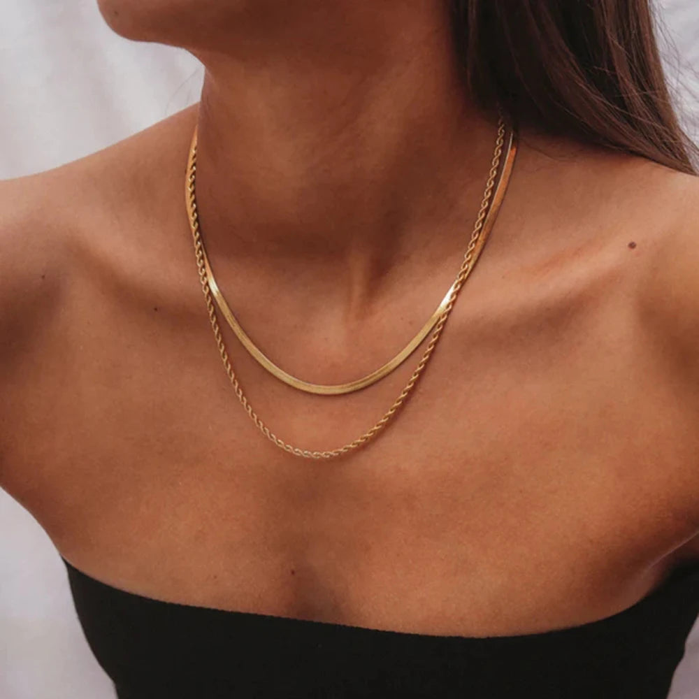 “18K Gold Plated Flat Snake Chain Necklace – Stainless Steel Layered Jewelry Gift”