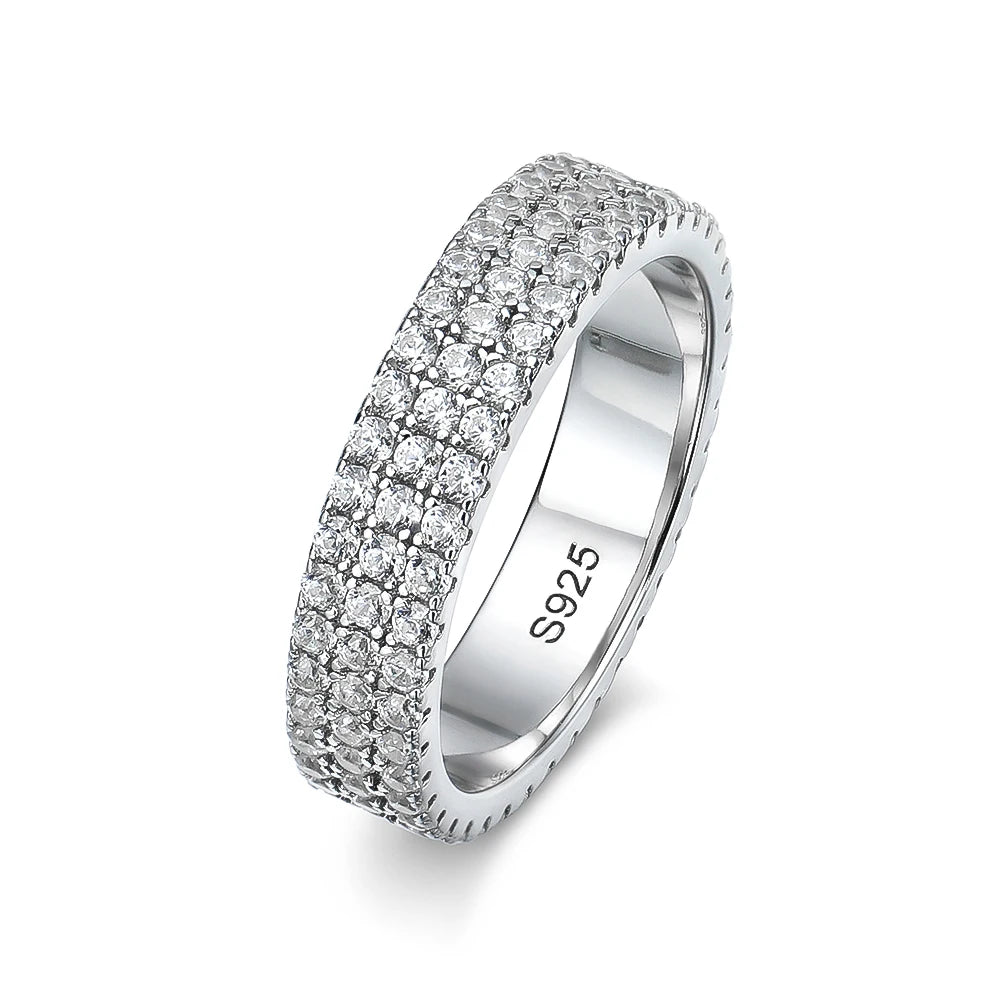 "Full moissanite eternity band, 925 sterling silver, 18K plated, unisex sparkling ring."