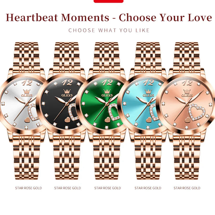 “Love Diamond Inlaid Steel Band Women’s Quartz Watch Elegant Fashion Timepiece.”