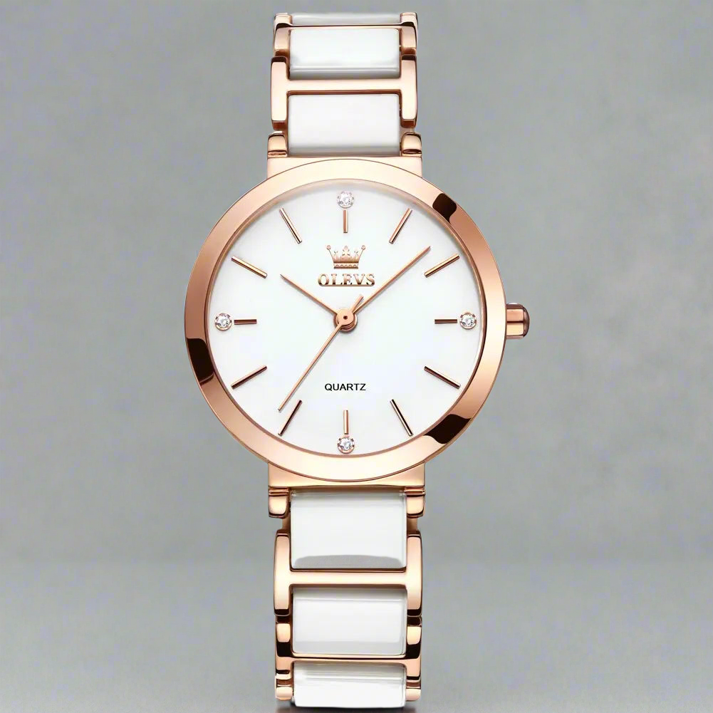 “Women’s Luxury Rose Gold Quartz Watch with Ceramic Strap Elegant Fashion Timepiece.”