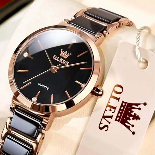 “Women’s Luxury Rose Gold Quartz Watch with Ceramic Strap Elegant Fashion Timepiece.”