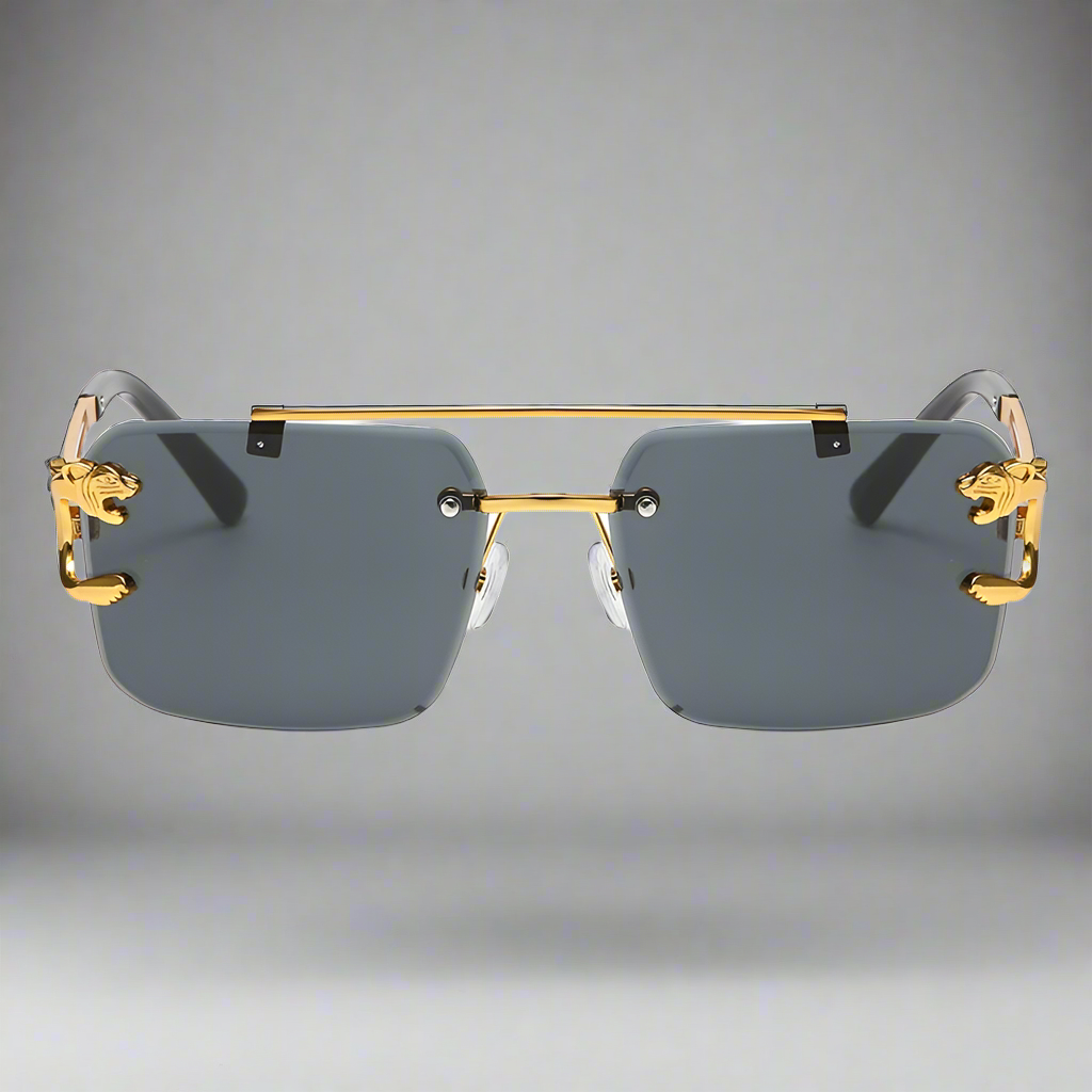 “Rimless square sunglasses with double bridge, vintage unisex fashion style.”