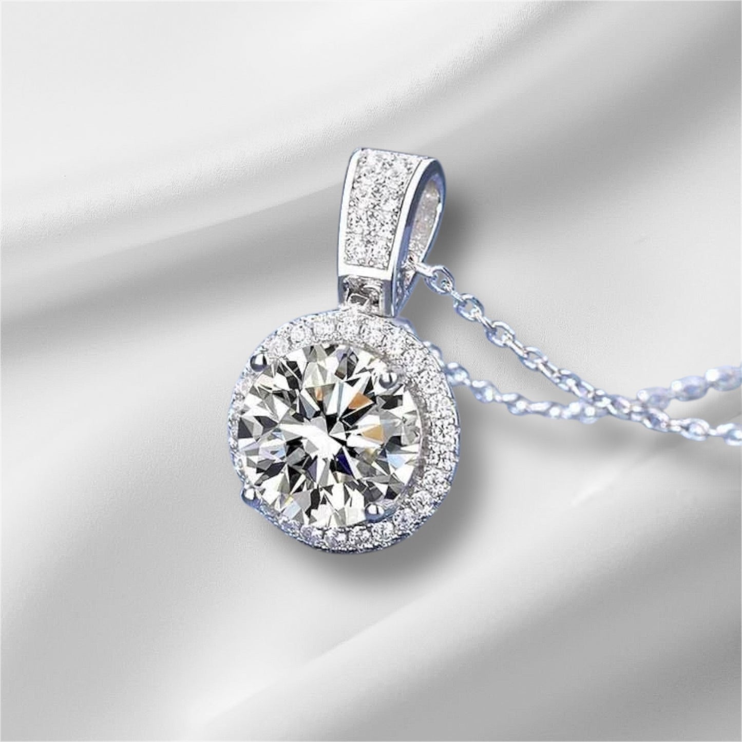 “2-carat moissanite necklace, sterling silver, white gold plated, elegant wedding jewelry.”