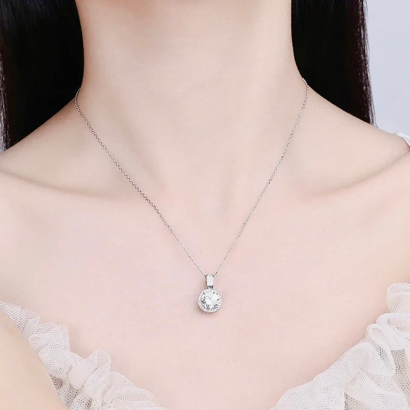 “2-carat moissanite necklace, sterling silver, white gold plated, elegant wedding jewelry.”