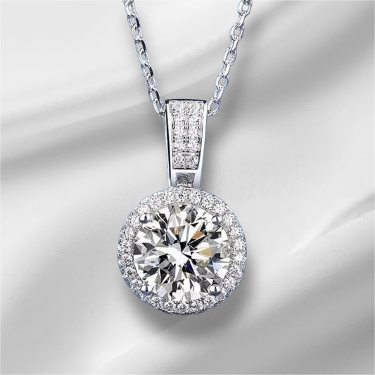 “2-carat moissanite necklace, sterling silver, white gold plated, elegant wedding jewelry.”