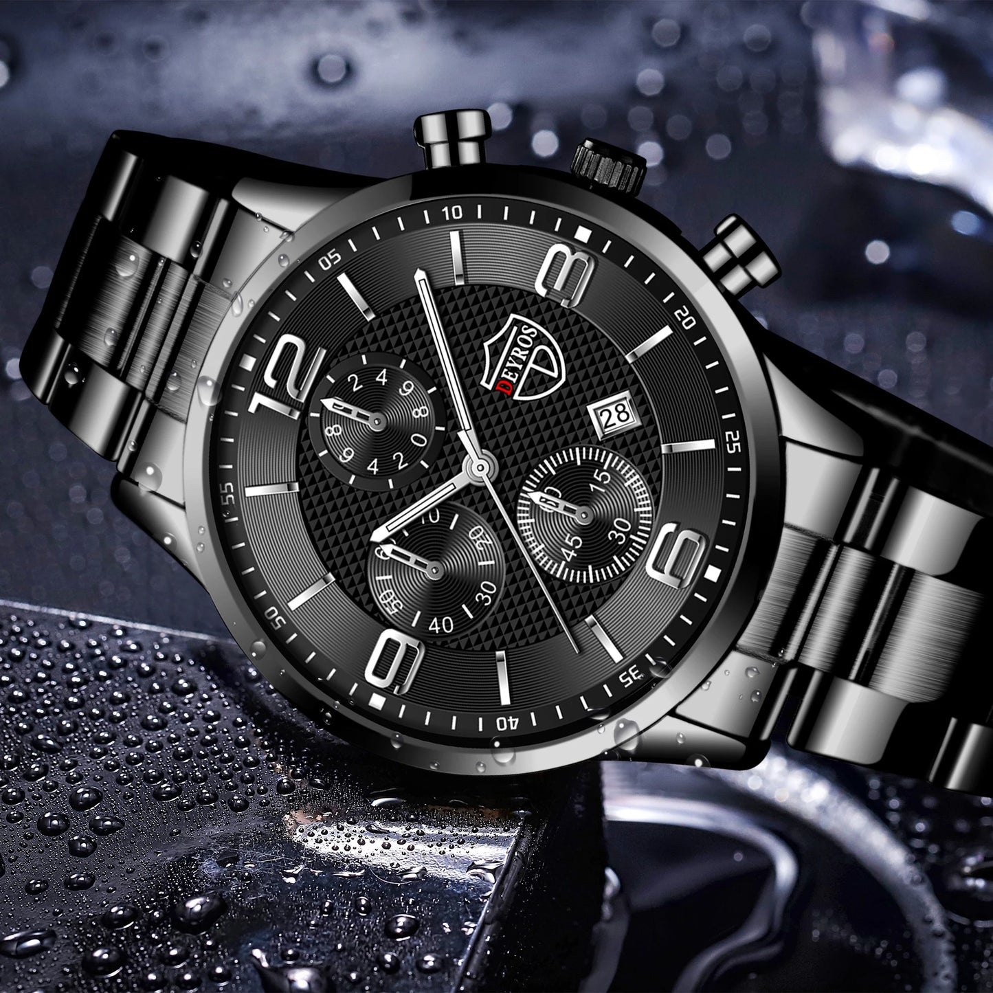“Luxury Business Men’s Watch - Stainless Steel Quartz, Leather Strap, Luminous & Calendar.”