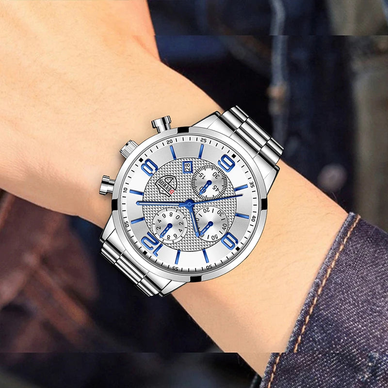 “Luxury Business Men’s Watch - Stainless Steel Quartz, Leather Strap, Luminous & Calendar.”