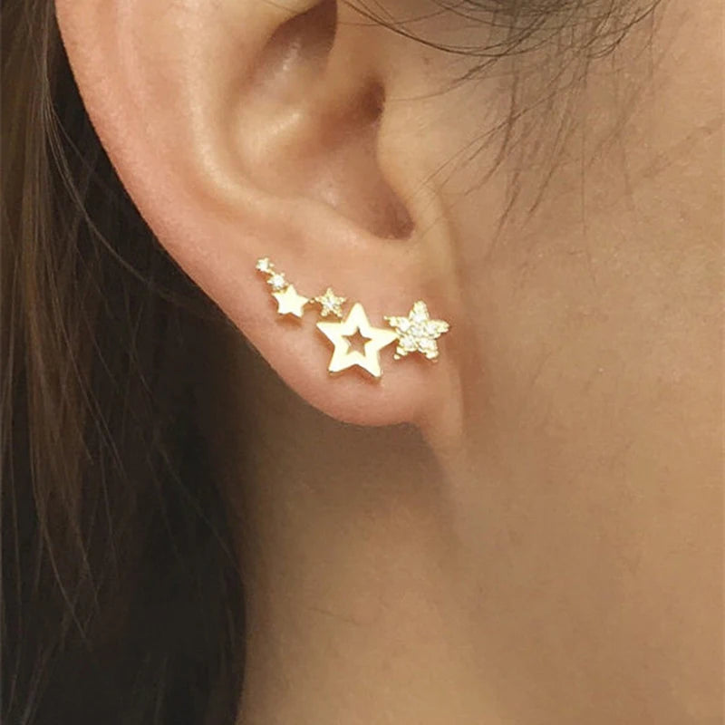 “New imitation pearl stud earrings with geometric crystal zircon stars, perfect for parties.”