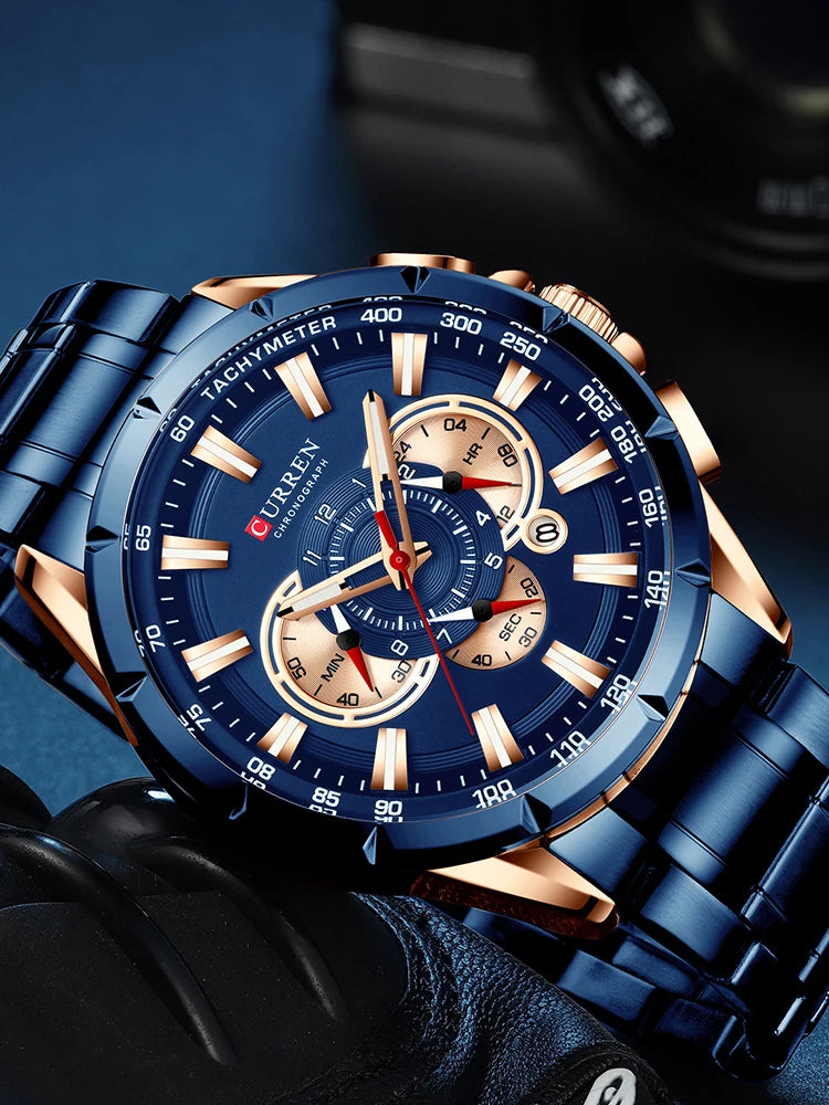 “Casual sport men’s stainless steel watch with big dial, quartz movement, and luminous hands.”