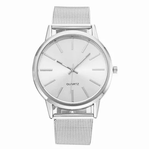 “Luxury Women’s Quartz Watch, Minimalist Silver Design, Stylish Business Accessory.”