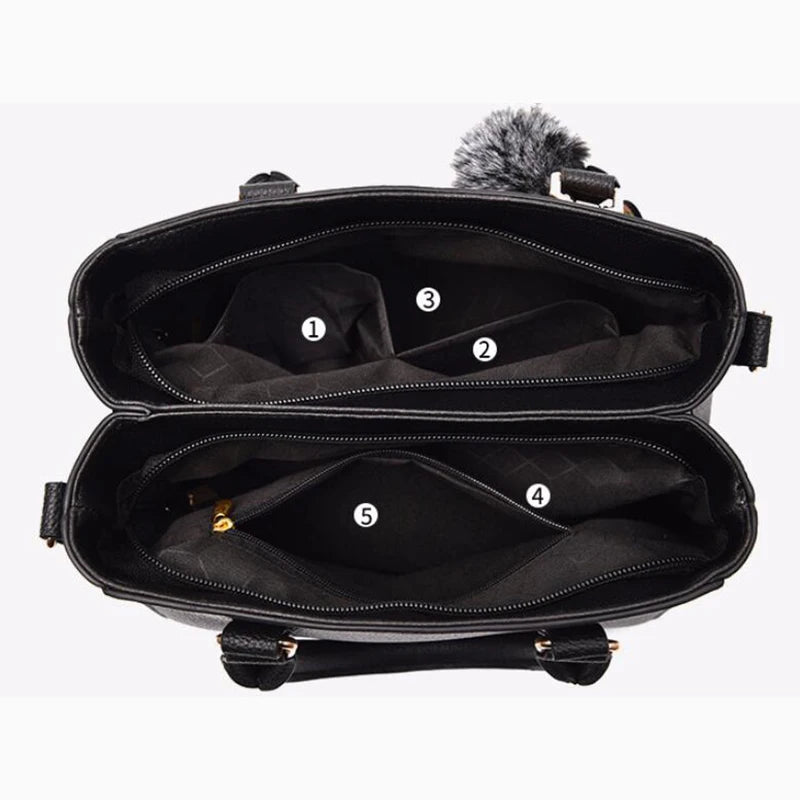 “Embroidered leather handbag for women with hairball detail, stylish and versatile.”