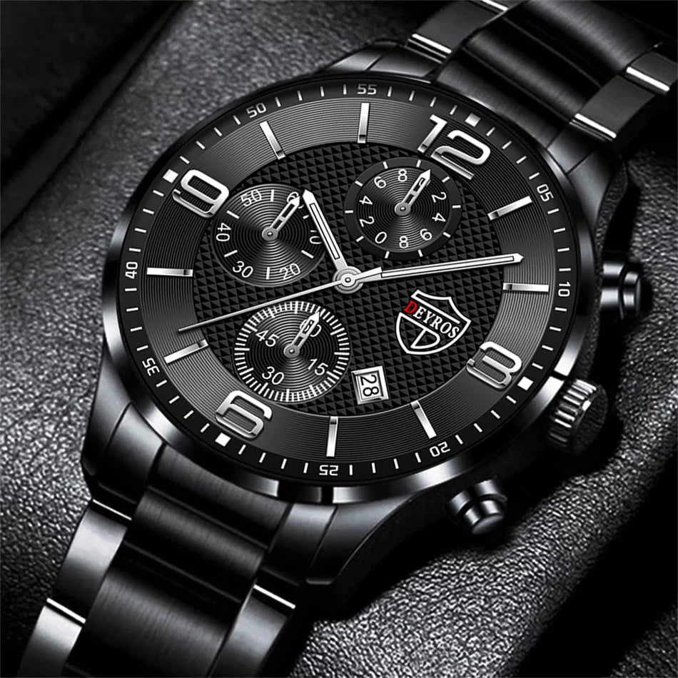 “Luxury Business Men’s Watch - Stainless Steel Quartz, Leather Strap, Luminous & Calendar.”