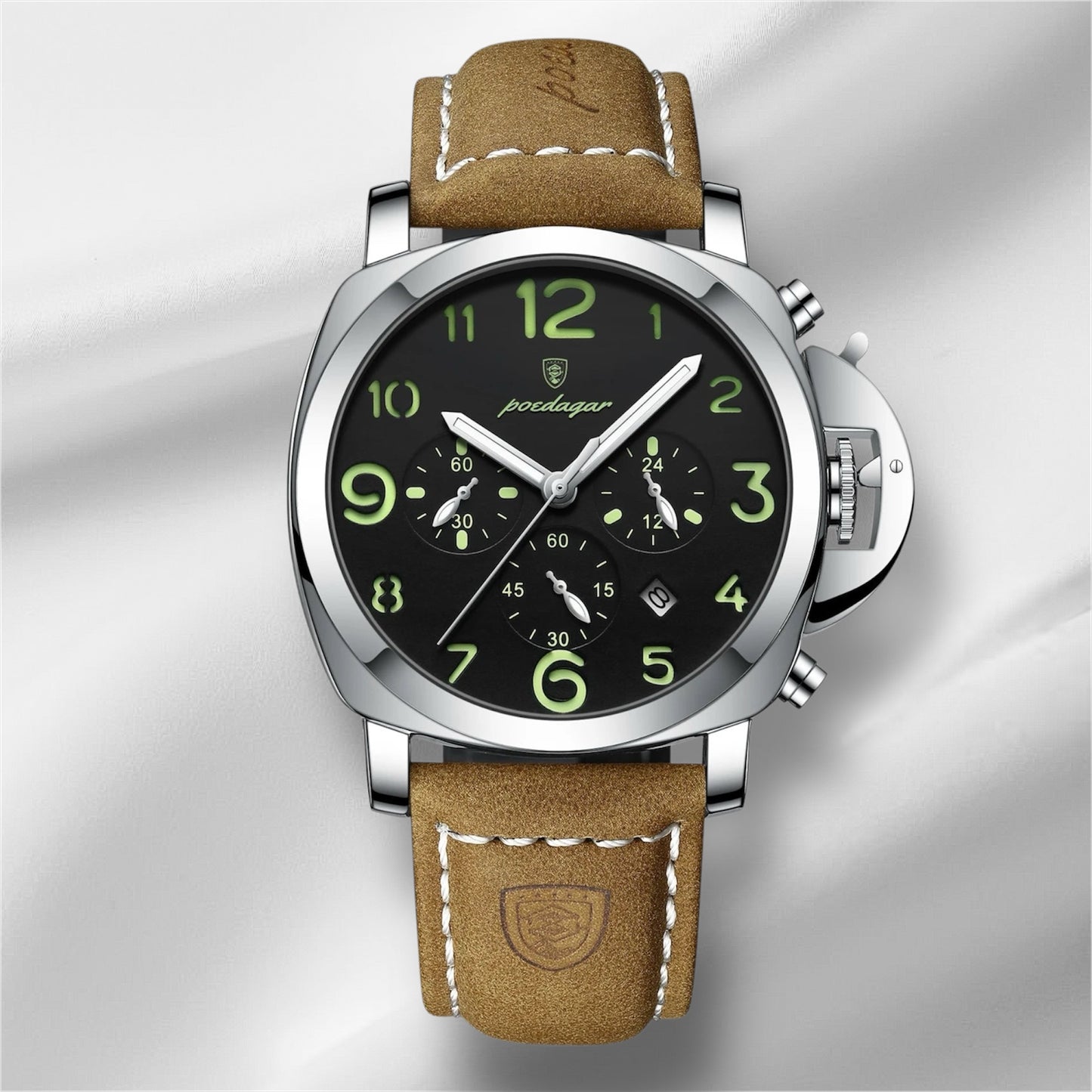 “Luxury military men’s watch, waterproof, luminous, leather strap, quartz, high quality.”