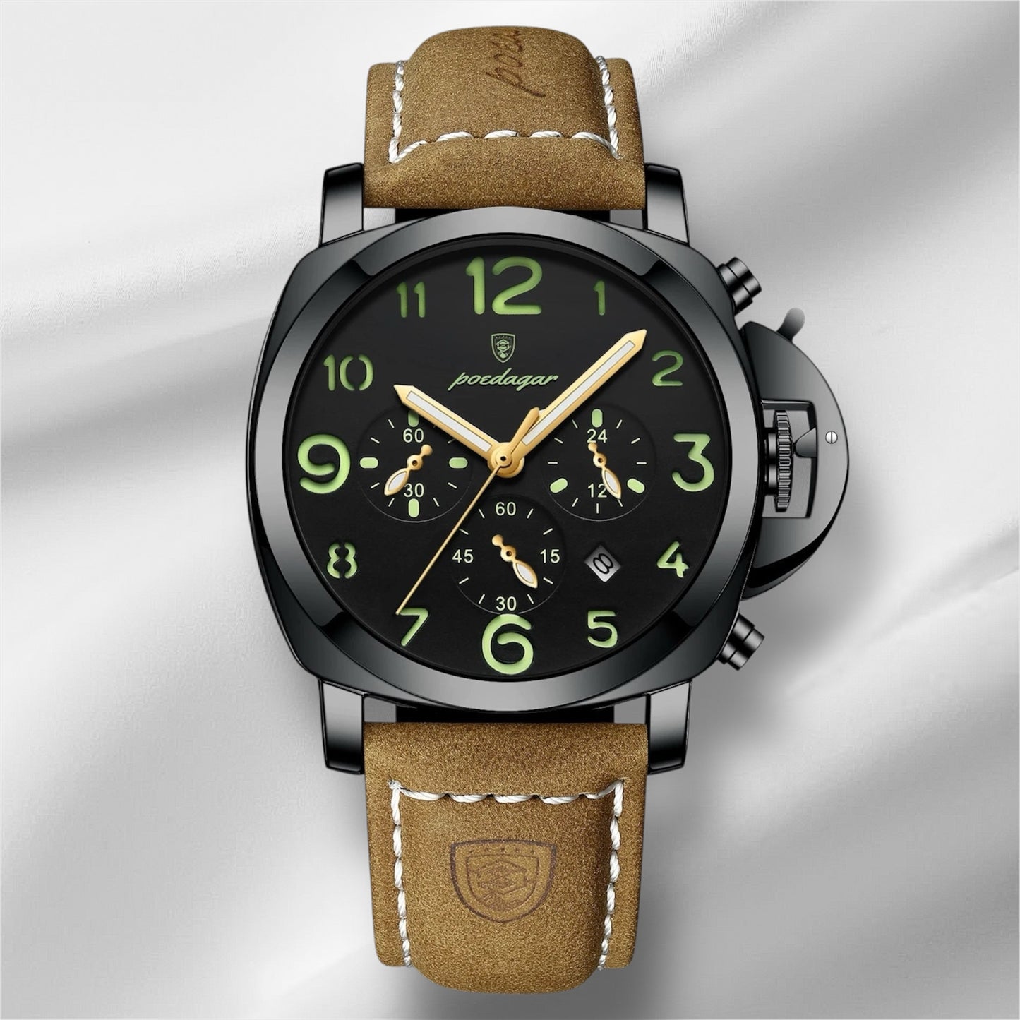 “Luxury military men’s watch, waterproof, luminous, leather strap, quartz, high quality.”