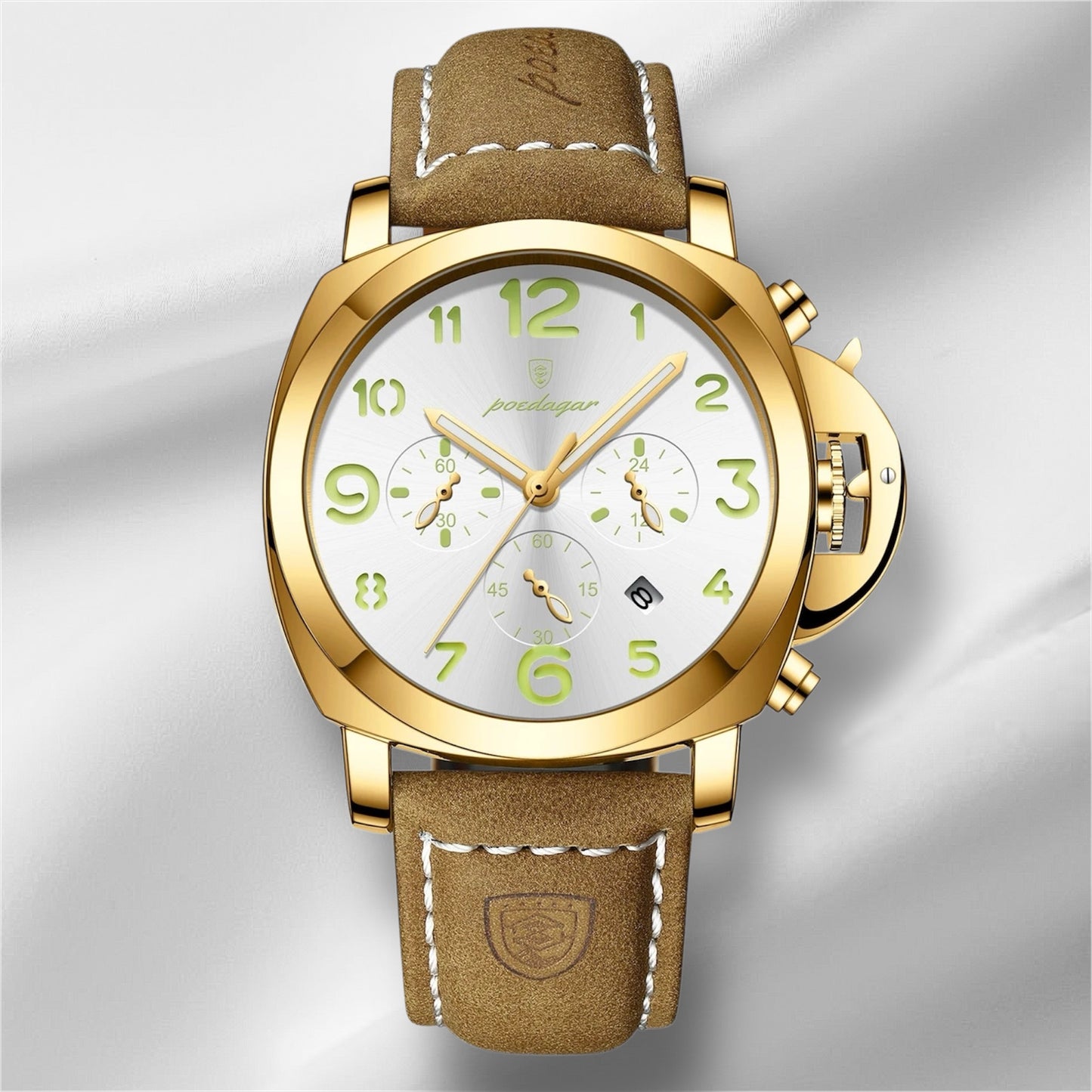 “Luxury military men’s watch, waterproof, luminous, leather strap, quartz, high quality.”