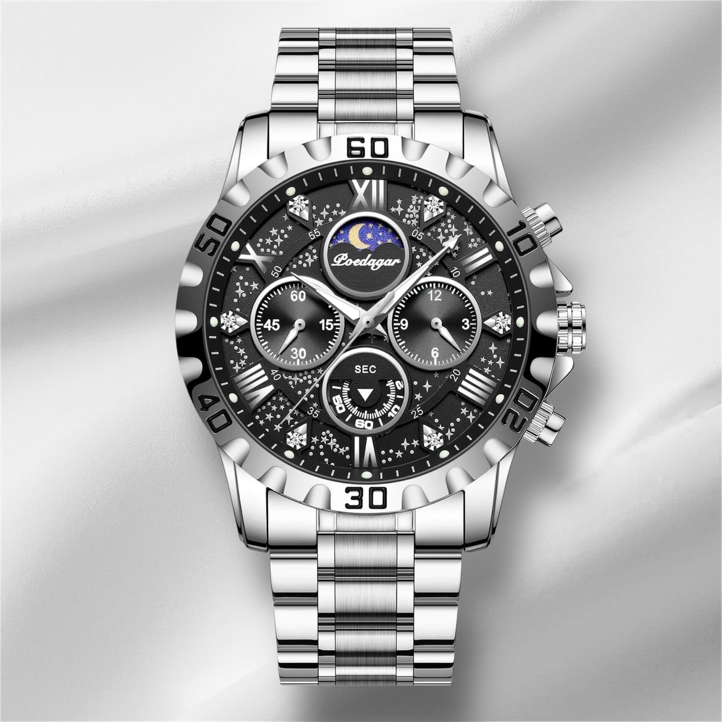 “Luxury men’s quartz sports watch, waterproof, luminous, stainless steel chronograph.”