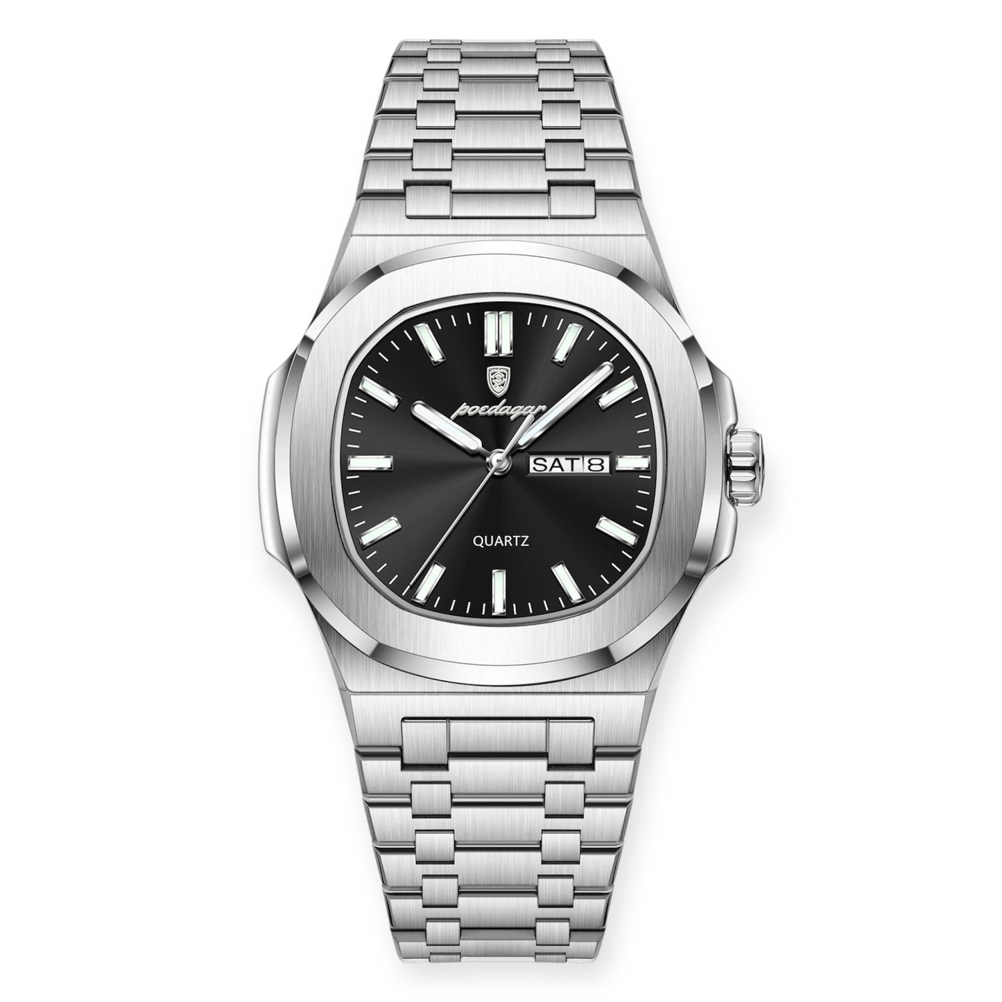 “Luxury military square men’s watch, waterproof, luminous date/week, stainless steel quartz.”