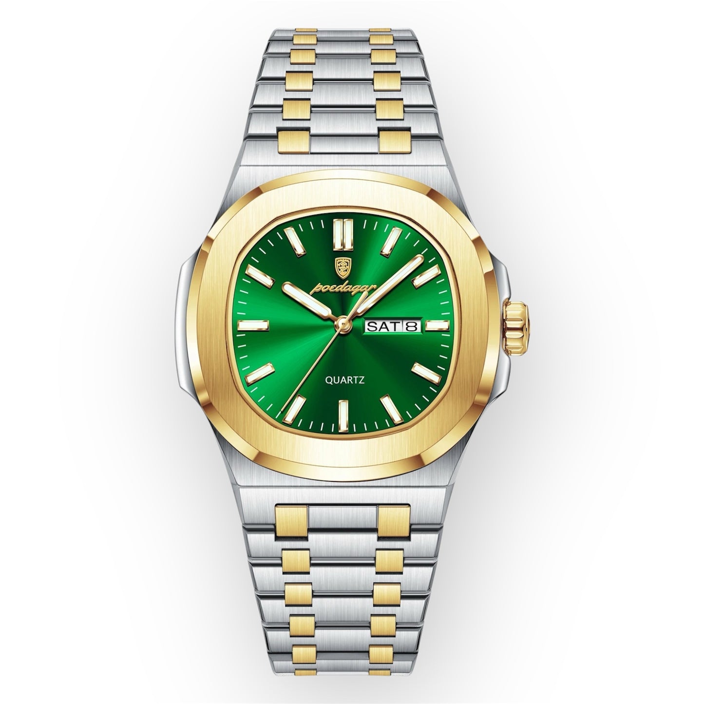 “Luxury military square men’s watch, waterproof, luminous date/week, stainless steel quartz.”