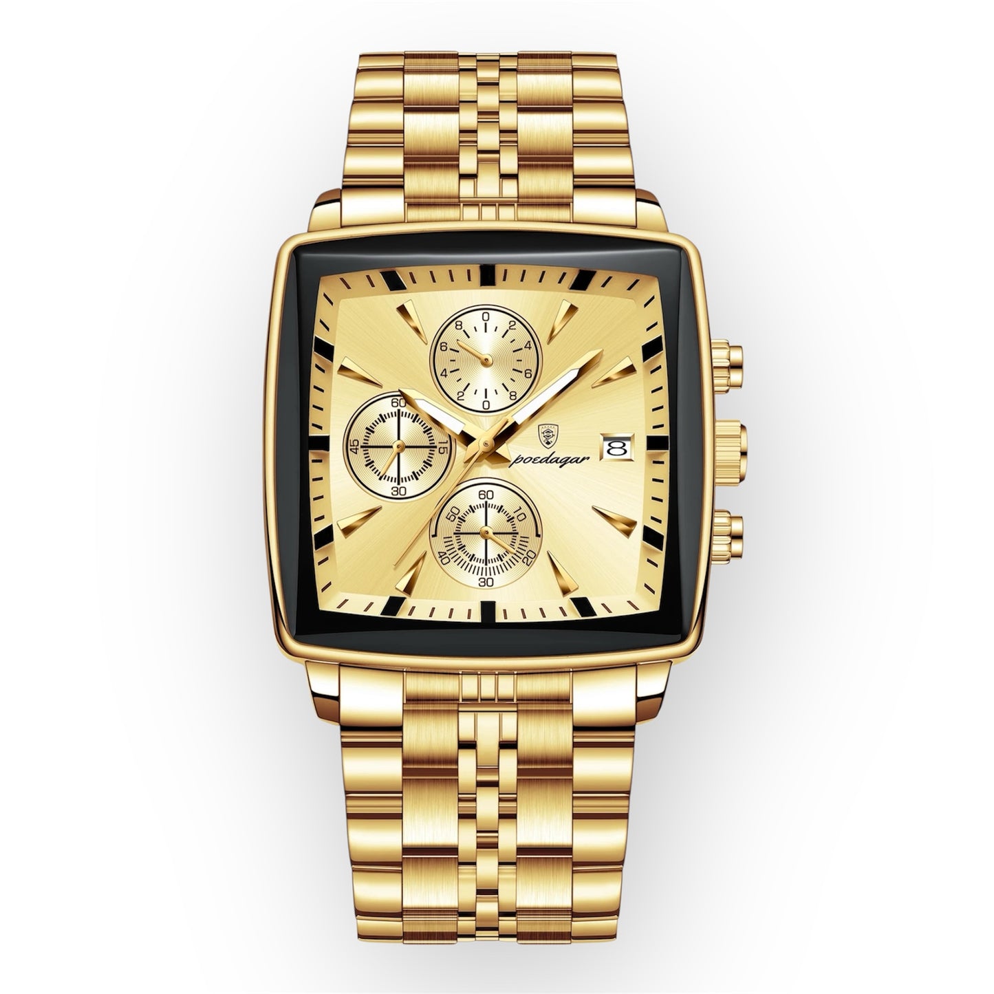 “Luxury waterproof square sport men’s watch with luminous chronograph, quartz, stainless steel.”