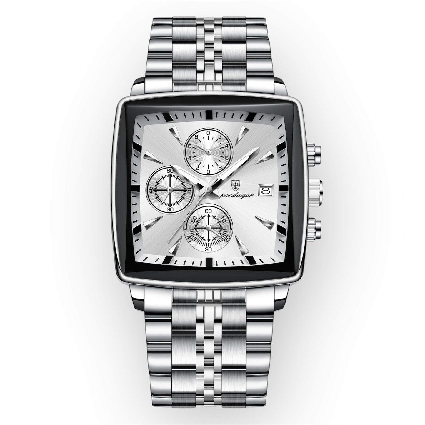 “Luxury waterproof square sport men’s watch with luminous chronograph, quartz, stainless steel.”