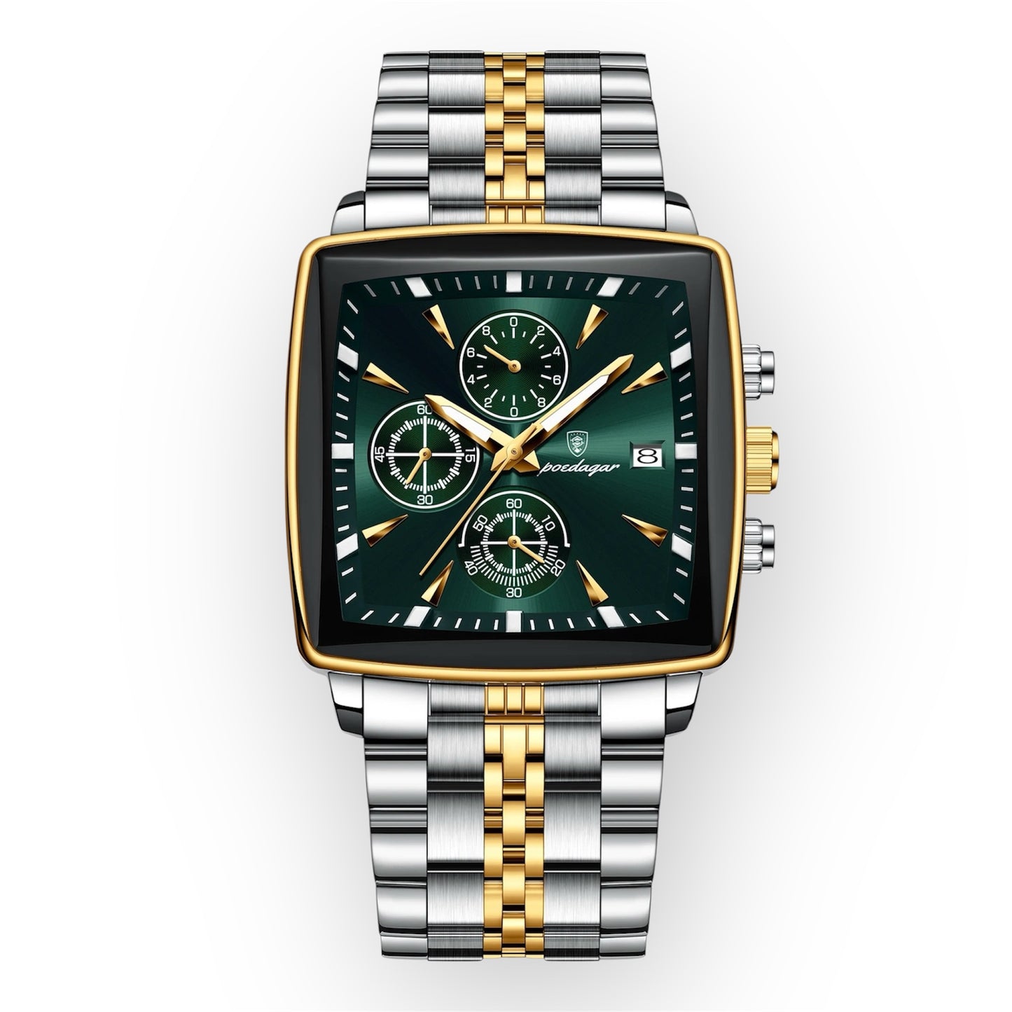 “Luxury waterproof square sport men’s watch with luminous chronograph, quartz, stainless steel.”