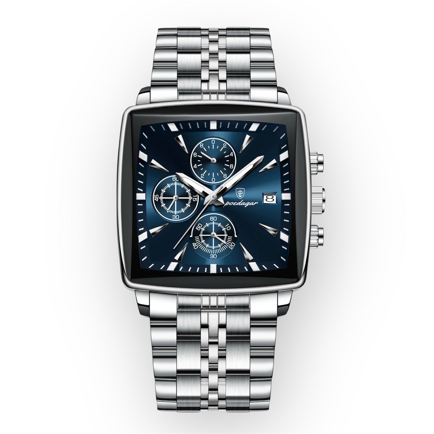 “Luxury waterproof square sport men’s watch with luminous chronograph, quartz, stainless steel.”