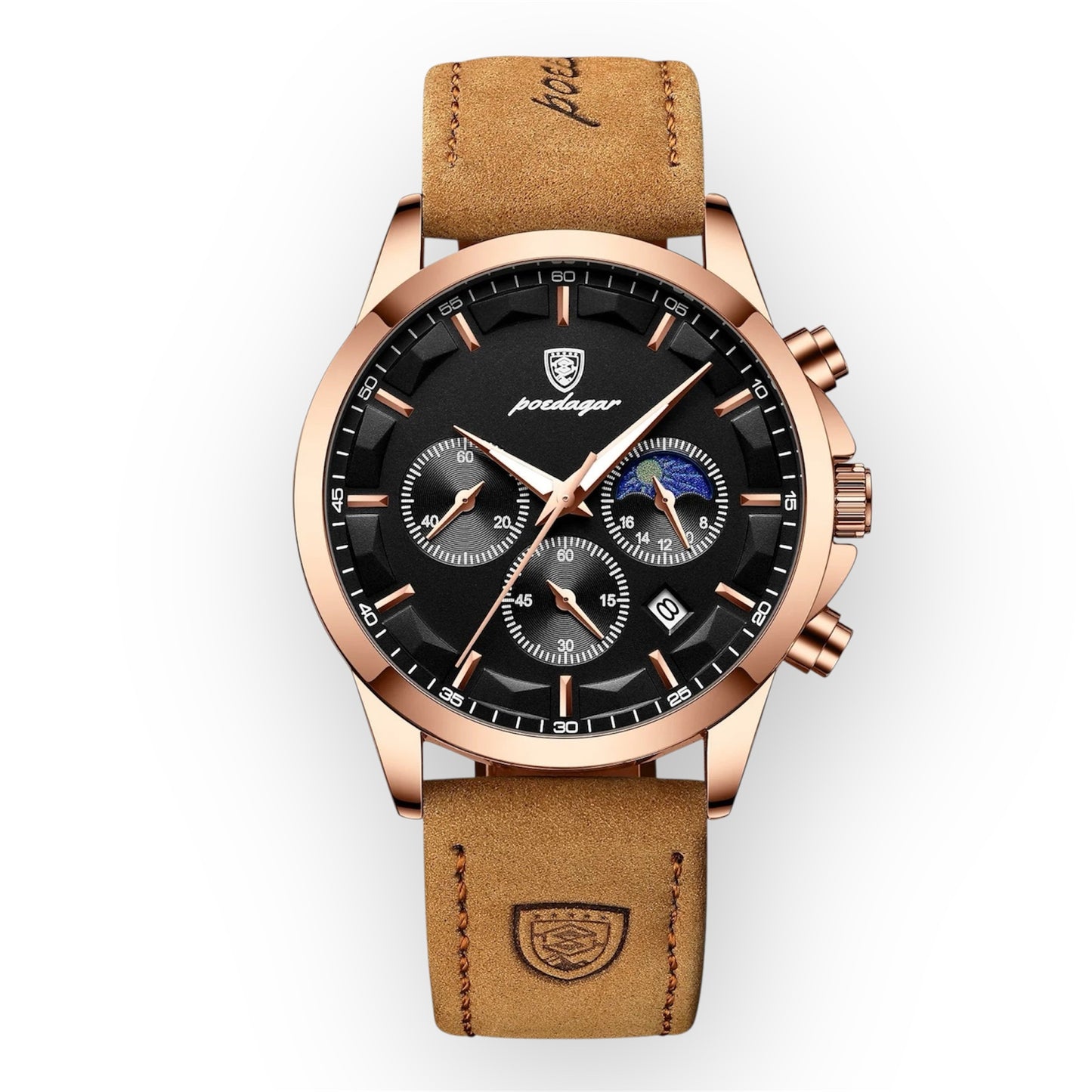 “Men’s Luxury Sports Watch: Waterproof Chronograph, Luminous Display, Business Leather Design.”