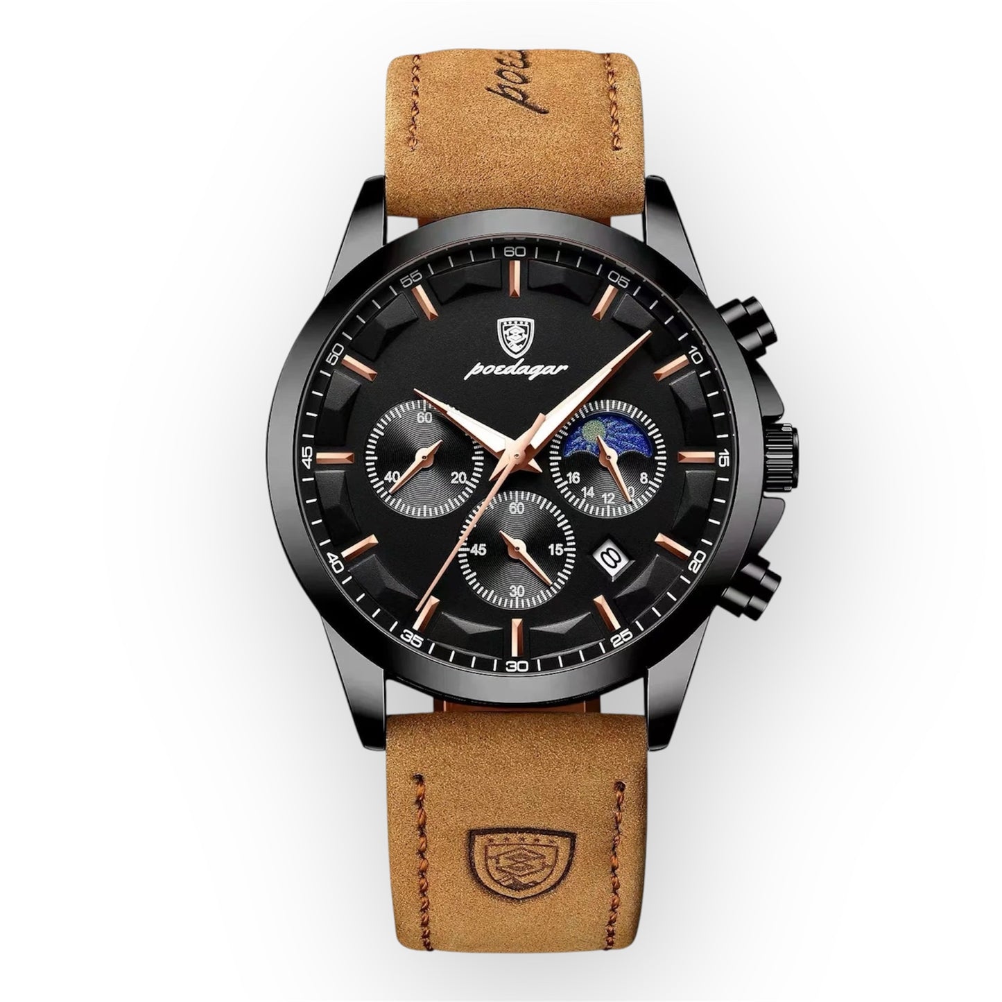 “Men’s Luxury Sports Watch: Waterproof Chronograph, Luminous Display, Business Leather Design.”