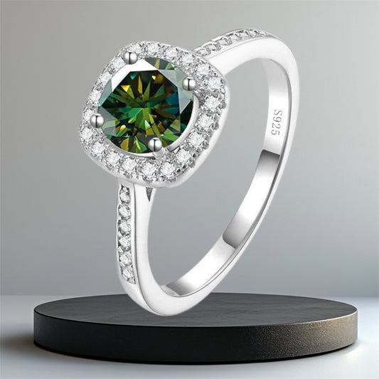 “1-carat colored moissanite ring, 925 sterling silver, classic wedding jewelry.”