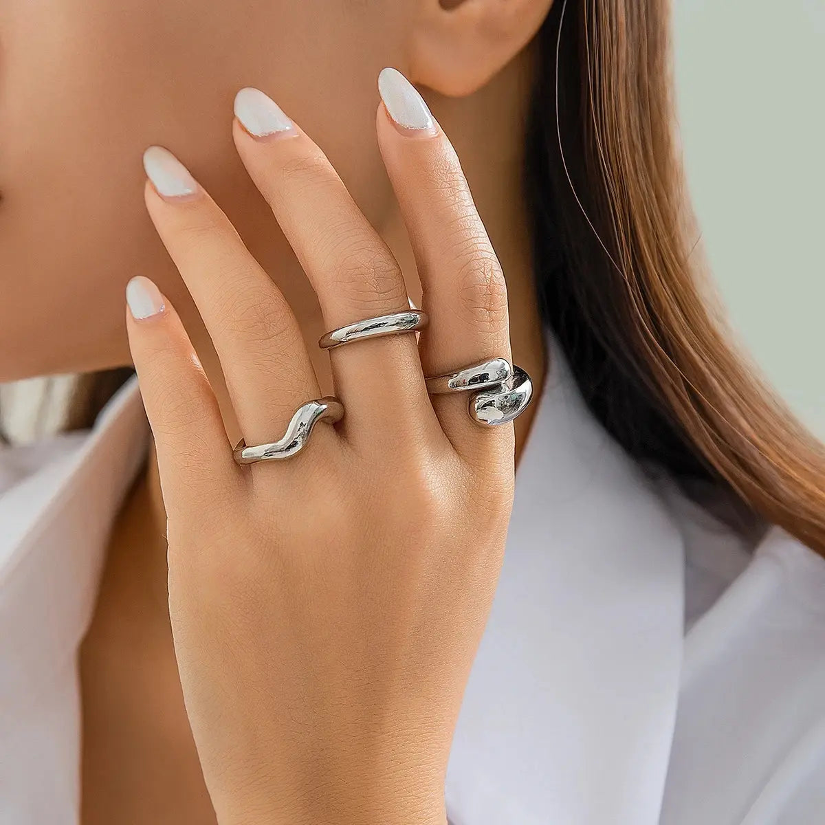 “3Pcs Geometric Wave Shaped Ring Set – Trendy, Irregular, Adjustable Open Rings for Women”