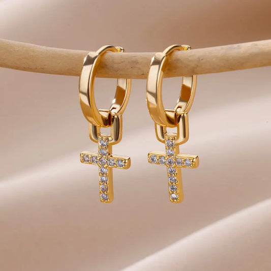 “Zircon Cross Dangle Earrings for Women, Stainless Steel, Trending Wedding Jewelry.”