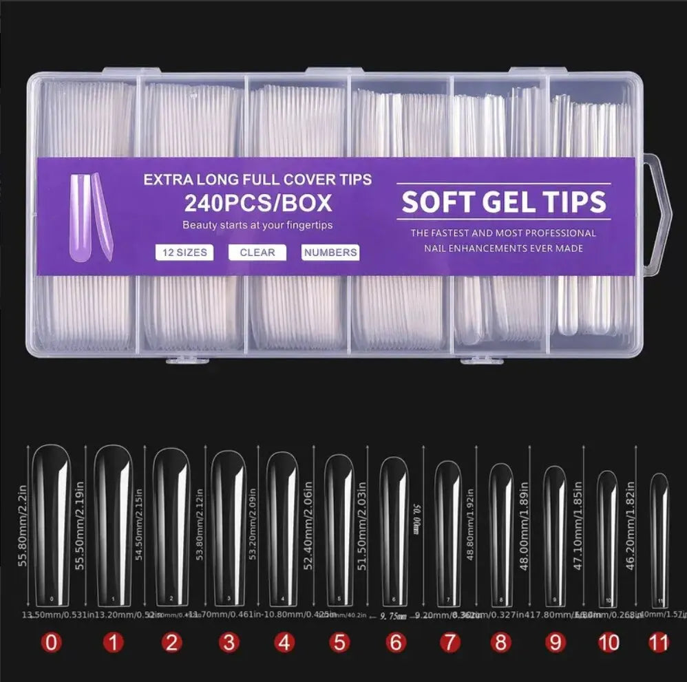 “240Pcs Clear Extra Long C Curve Nail Tips, Acrylic Gel DIY Professional Kit.”