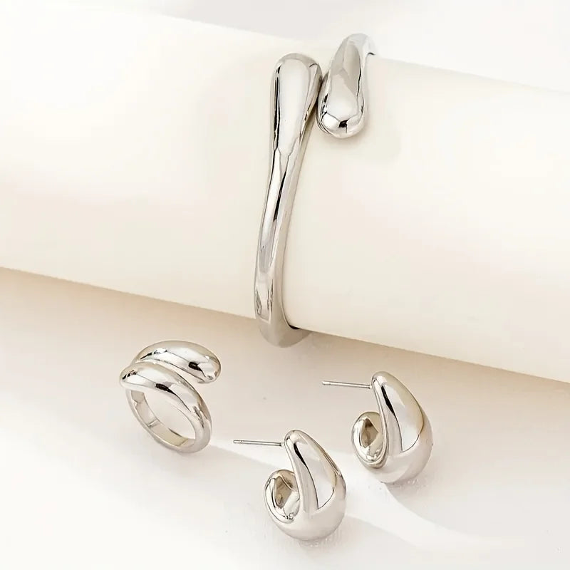 “Punk Water Drop Shaped Bracelet, Ring & Earring Set – Smooth, Versatile Fashion Jewelry for Women”