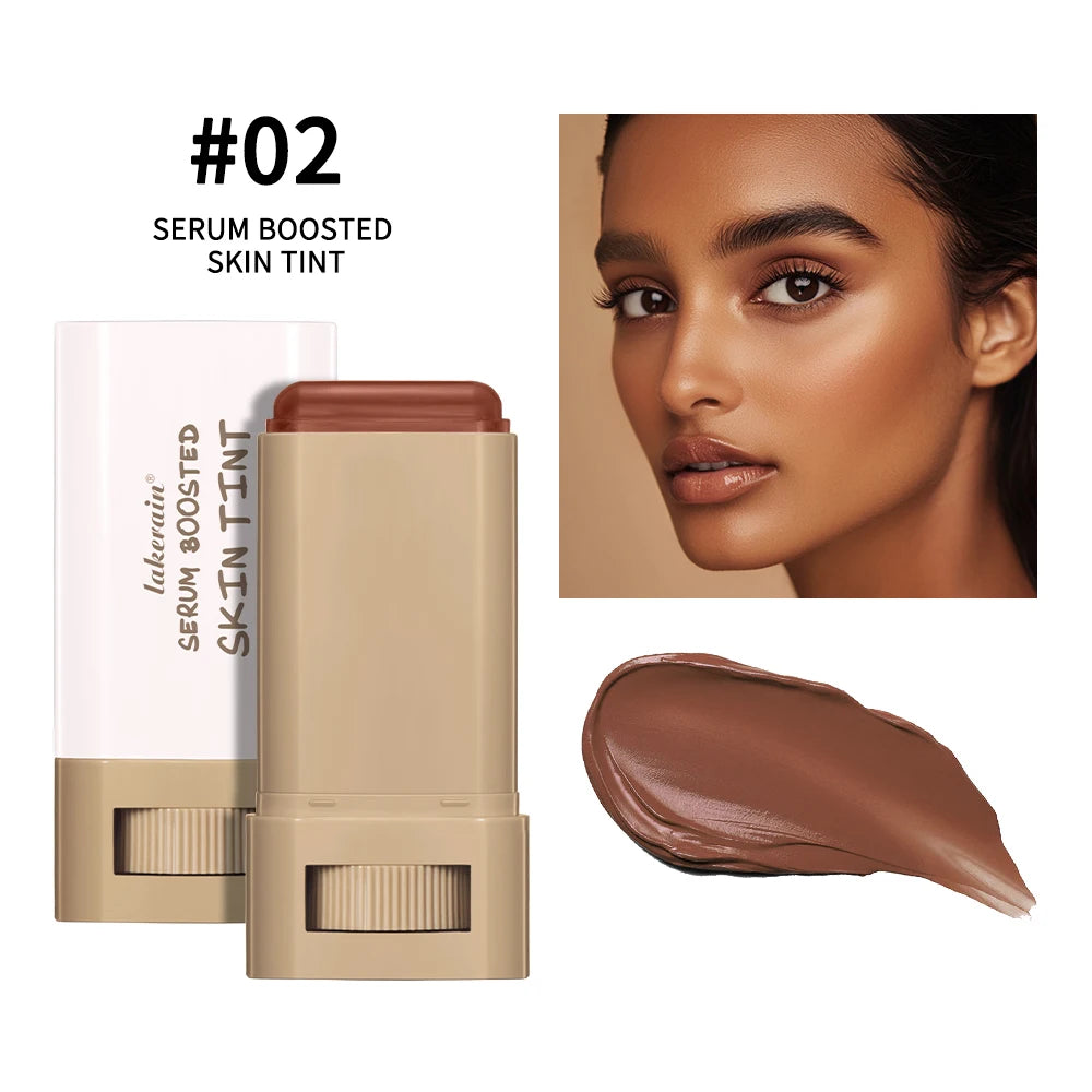 “Smooth Foundation Stick: High Coverage, Skin-Boosting Balm Serum, Travel-Friendly Bronze Tint.”
