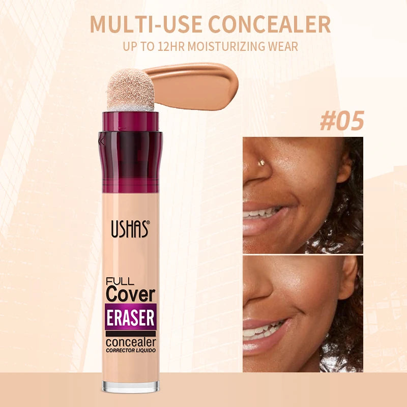 “Liquid concealer with sponge applicator, lightweight, moisturizing, multi-use, and long-lasting coverage.”