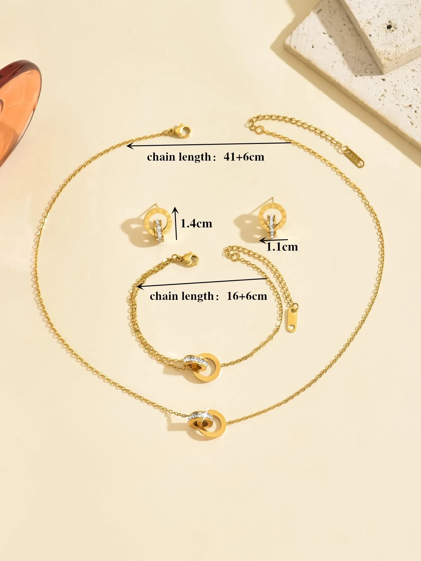 “Roman Style Jewelry Set – Double Ring Necklace, Bracelet & Earrings for Women”