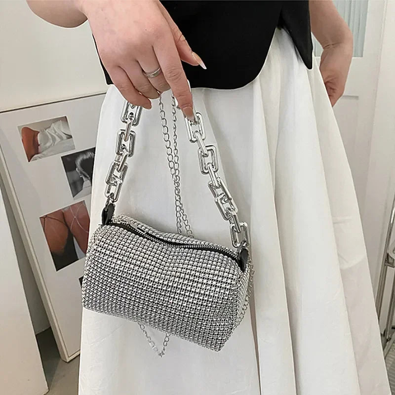“Glitter rhinestone bucket bag with chain, mini crossbody purse for women.”