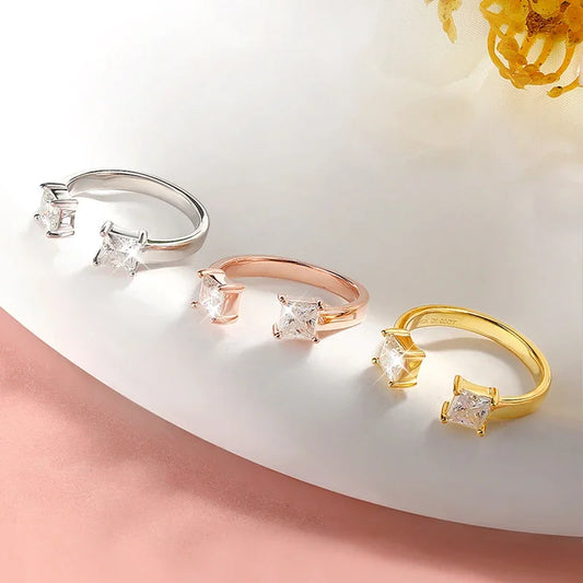 “1CTTW 4.5mm Princess-Cut Moissanite Ring, Adjustable Sterling Silver Wedding Band.”