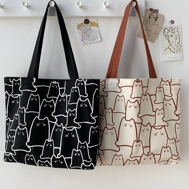 “Canvas tote bag for women, cute cat design, zipper, small Japanese style.”