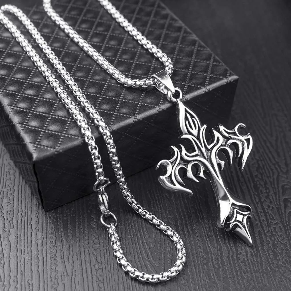 “Stainless Steel Flame Retro Cross Pendant Necklace - Titanium Steel for Men.”
