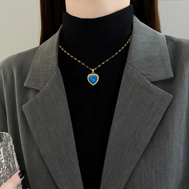 “Women’s 316L Stainless Steel Heart Pendant with Big Blue Zircon Stylish Gift”